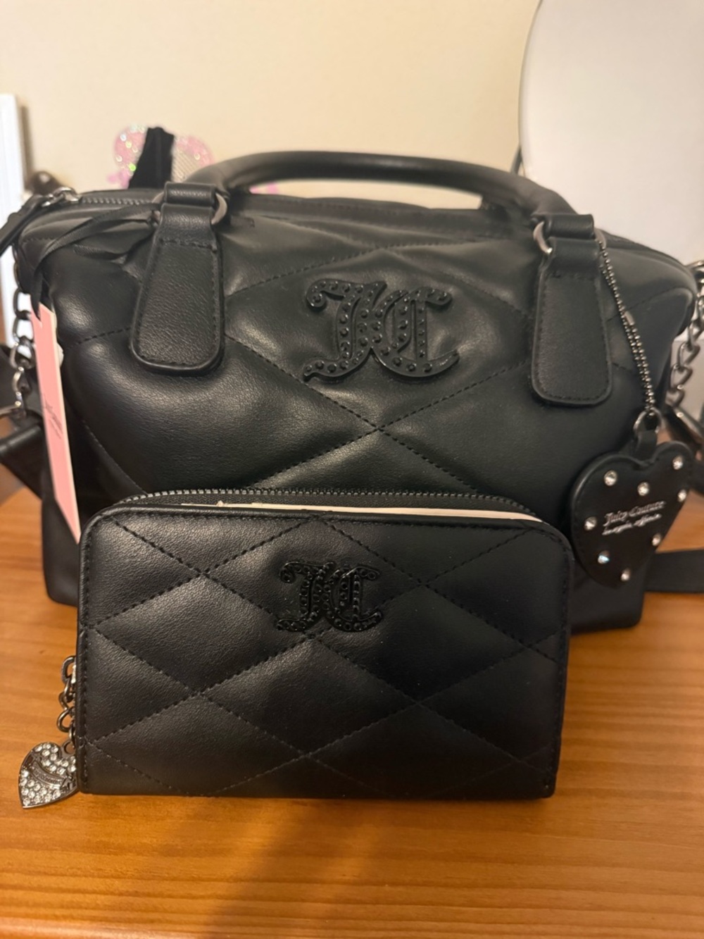 Juicy Couture Black Quilted Satchel and Zip Wallet Set
